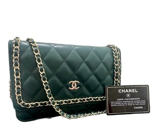 Chanel Quilted Classic Wallet on Chain WOC Green Lambskin Silver Hardware