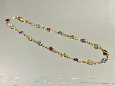 14K Yellow Gold Bezel Set Station Multi-Gemstone Anklet,Womens Adult, 9.5"