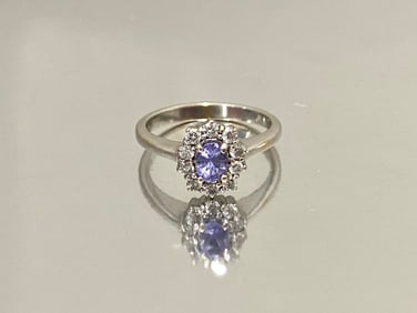 18K White Gold Oval Tanzanite & Diamonds Halo Engagement Ring