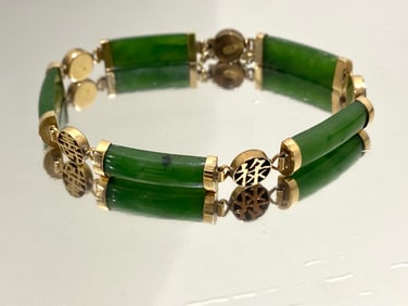 Vintage 14k Yellow Gold Curved Rounded Jade w/  Chinese Symbol Link Bracelet