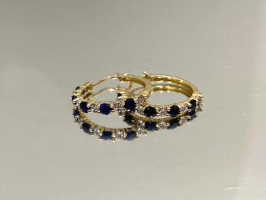 14k Yellow Gold Petite Blue Sapphire and Round Diamond Hoop Earrings