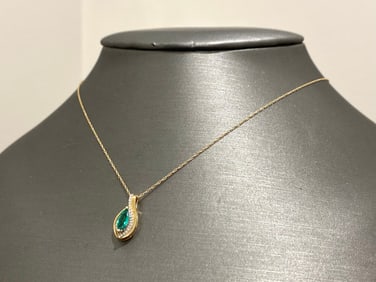 Natural Green Emerald & White Diamond Marquise Shaped Pendant & Chain Necklace