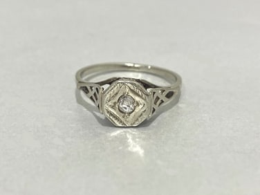 Vintage Estate Hexagon Petite Diamond Engagement Ring in 10K White Gold