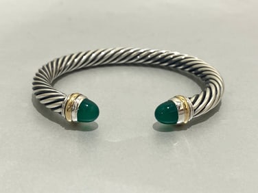 David Yurman 925 Sterling Silver Green Onyx Cable Cuff Bracelet
