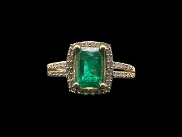 14K Yellow Gold Apx 1 Carat Emerald and Diamond Frame Ring