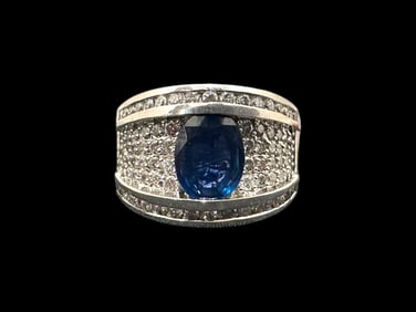 EFFY Ring Over 3 Carats Ceylon Sapphire and Diamond in 14k White Gold (Size 9.5), Weight: 13 grams
