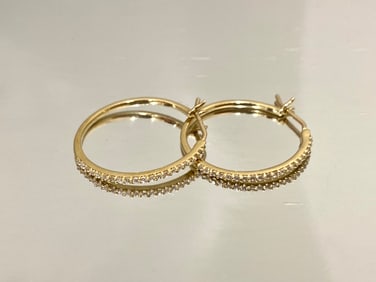 Round Cubic Zirconia Fascination Large Hoop Earrings in 10K Yellow Gold, Weight: 3 grams
