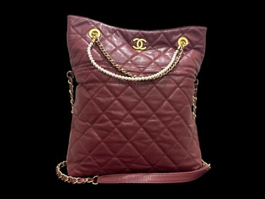 CHANEL Calfskin Quilted Crystal Pearls Fold over Shopping Tote Burgundy