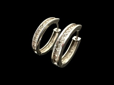 14k White Gold Natural Diamond Hoop Earrings Solid Oval Huggie Style Earrings, Weight: 5.4 grams