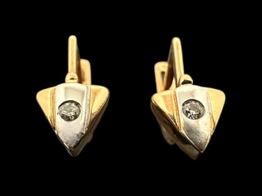 14k Two Gold & Diamond Glitter Drop Earrings, Weight: 3.9 grams