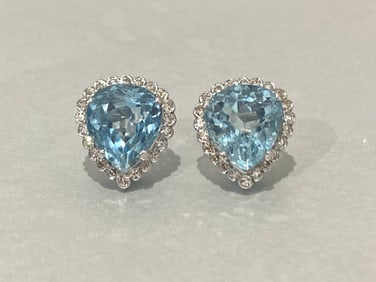 18k White Gold 1/2CTW Diamond and Aquamarine Teardrop Post Earrings, Weight: 7.2 grams