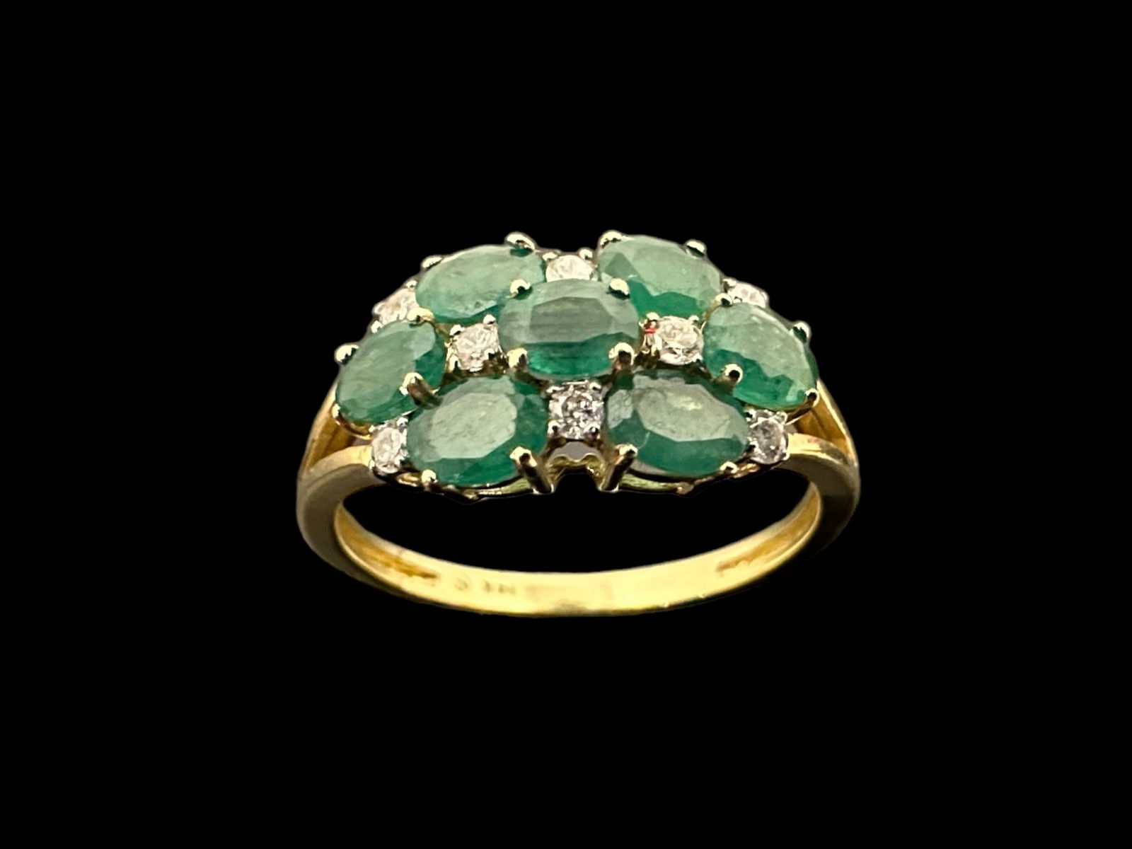 14K Yellow Gold Oval Emerald and Diamond Seven Stone Triple Row Ring (1 of 7)