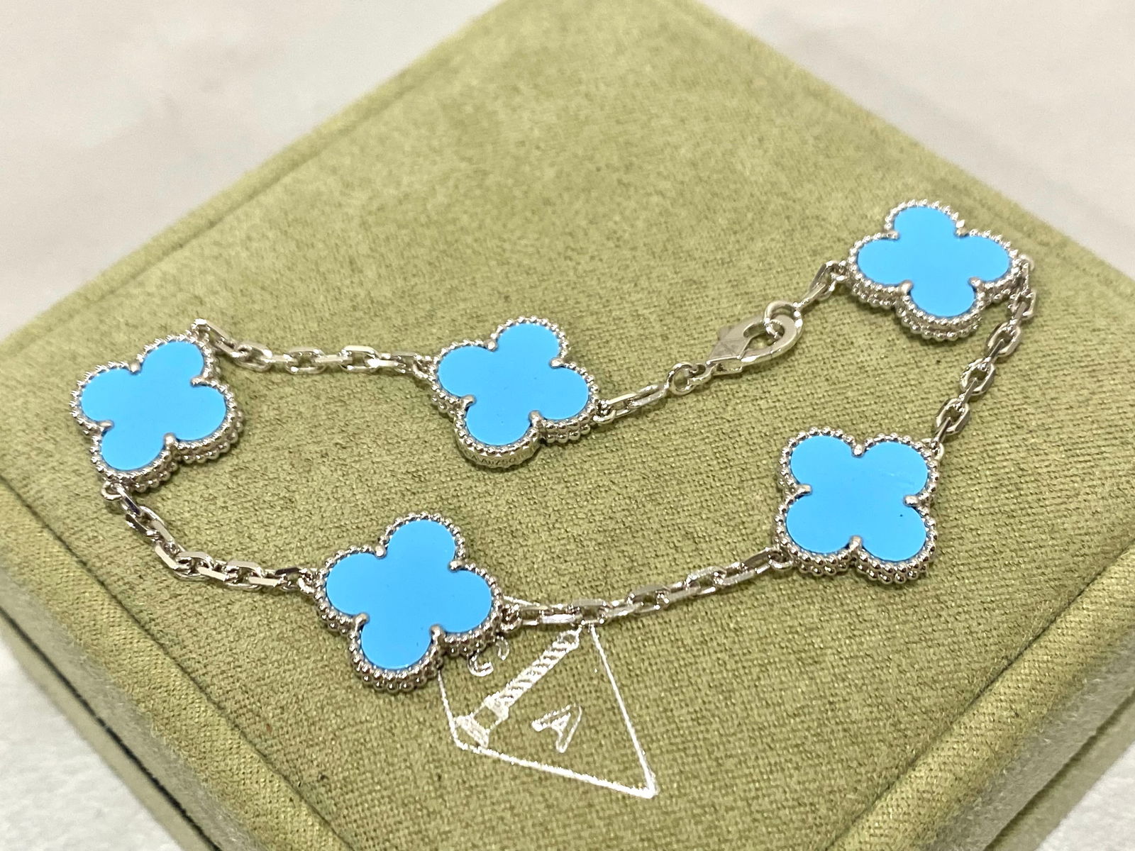 Van Cleef & Arpels Vintage Alhambra Bracelet, 5 Motifs, 18k White Gold & Turquoise (1 of 4)