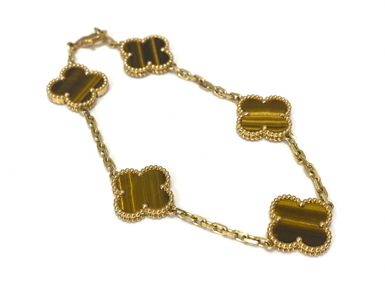 Van Cleef & Arpels Vintage Alhambra Bracelet, 5 Motifs, 18k Yellow Gold, Tiger Eye (1 of 4)