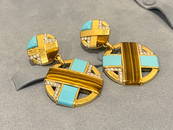 DAVID WEBB XO Earrings, Turquoise, Tiger's Eye in 18K gold, and platinum.