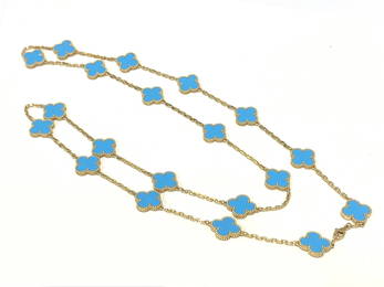 Van Cleef & Arpels Vintage Alhambra long necklace, 20 motifs 18K yellow gold, Turquoise