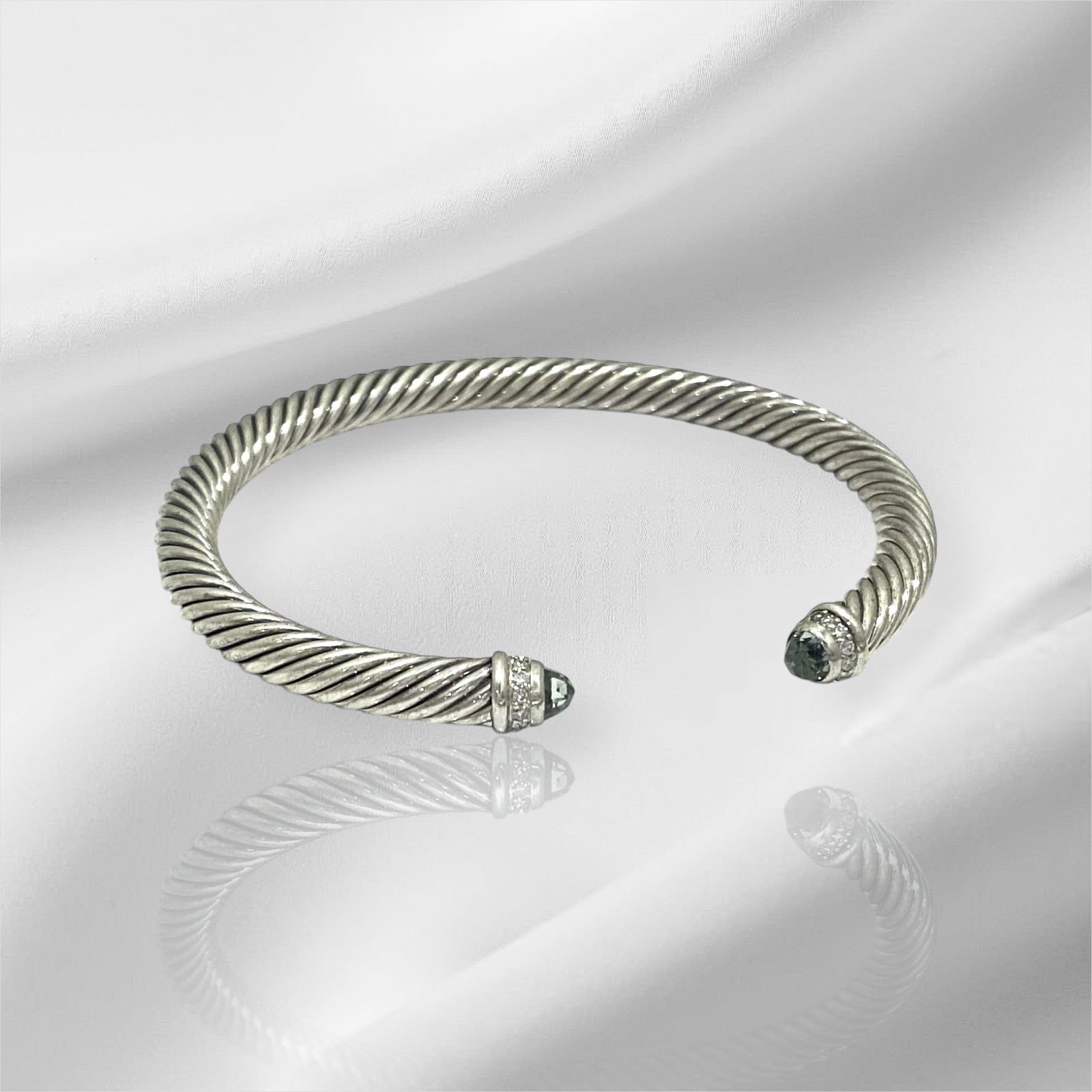 David Yurman Classic Cable Bracelet Sterling Silver with Prasiolite and Diamonds, 7mm (1 of 3)