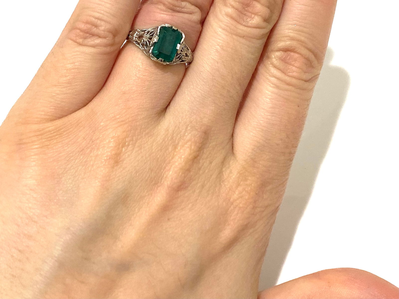 Antique Art Deco 14k White Gold Emerald Engagement Ring, Weight: 3.3 grams. (1 of 6)