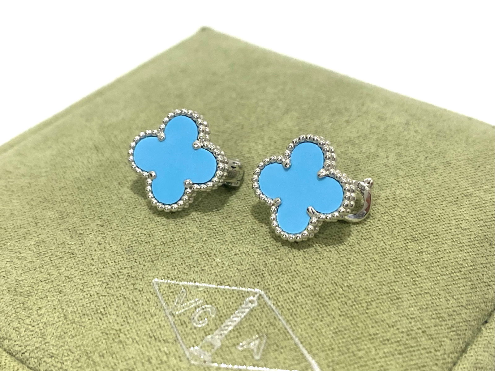 Van Cleef & Arpels 18K White Gold Turquoise Vintage Alhambra Earrings (1 of 5)