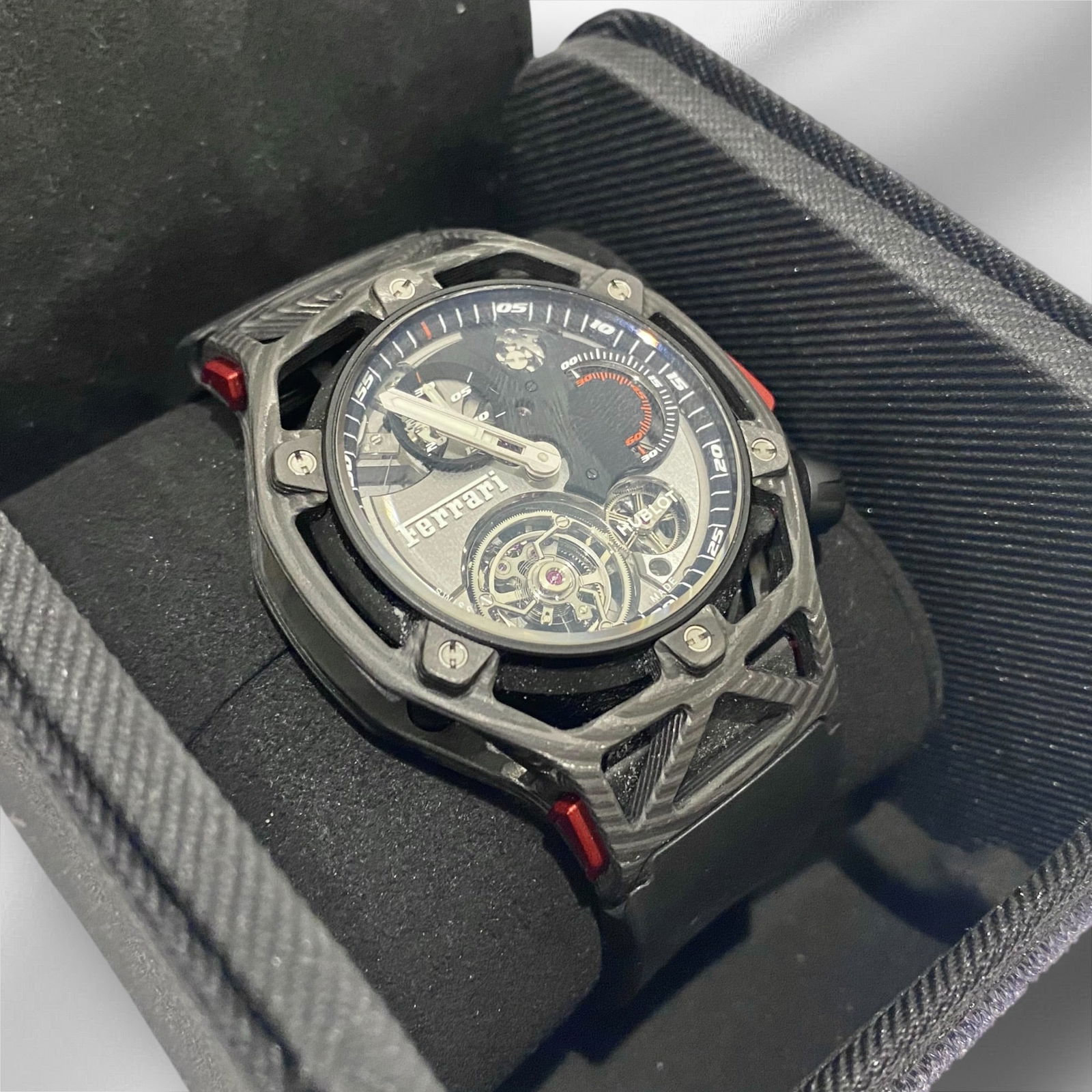 Hublot Techframe Ferrari Tourbillon 45mm Chronograph Limited Edition, Rare Piece.