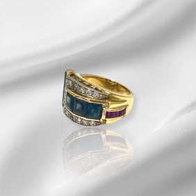 Estate 18k Yellow Gold Blue Sapphire, Ruby & Diamond Ring, Rare Piece, Circa 1920's