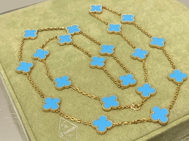 Van Cleef & Arpels Vintage Alhambra long necklace, 20 motifs 18K yellow gold, Turquoise