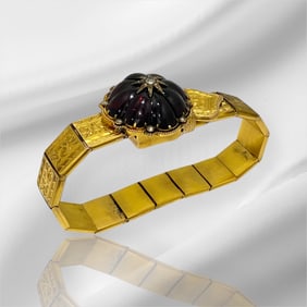Antique Circa 1890's Handmade 19 karat Gold with Domed curved Garnet and Old miner Diamond Bracelet,