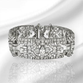 APX 30TCW Diamond Art Deco Platinum Wide Statement Bracelet.