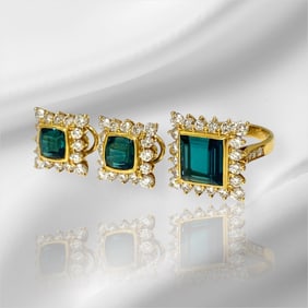 Natural Gem Quality over 12TCW Tourmaline and Diamond Cluster Ring and Earrings Bridal Set in 18k