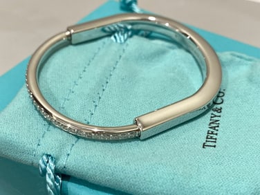 Tiffany Lock Bangle bracelet in White Gold with Half Pave Diamonds Size 17