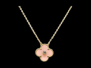 Van Cleef & Arpels Vintage Alhambra pendant, 18K yellow gold, Pink Porcelain, Diamond.