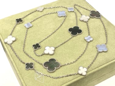Van Cleef & Arpels Magic Alhambra long necklace, 16 motifs 18K white gold, Chalcedony,