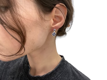 14k White Gold Blue Sapphire Dangle Earrings with Diamond Outline