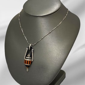 Estate Antique Coral and Black Onyx Platinum and Briolette Diamond Pendant Necklace