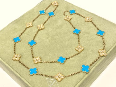 Van Cleef & Arpels Vintage Alhambra Long Necklace, 20 Motifs, 18k Yellow Gold, Diamond and Turquoise