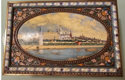 F. RUCKERT LARGE RUSSIAN SILVER ENAMEL BOX KREMLIN MINIATURE