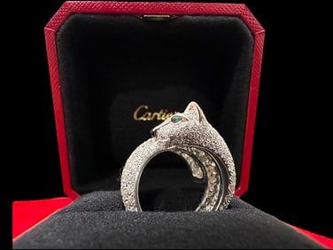 Cartier 18k White Gold Panthere Lakarda Diamond Ring Size 55