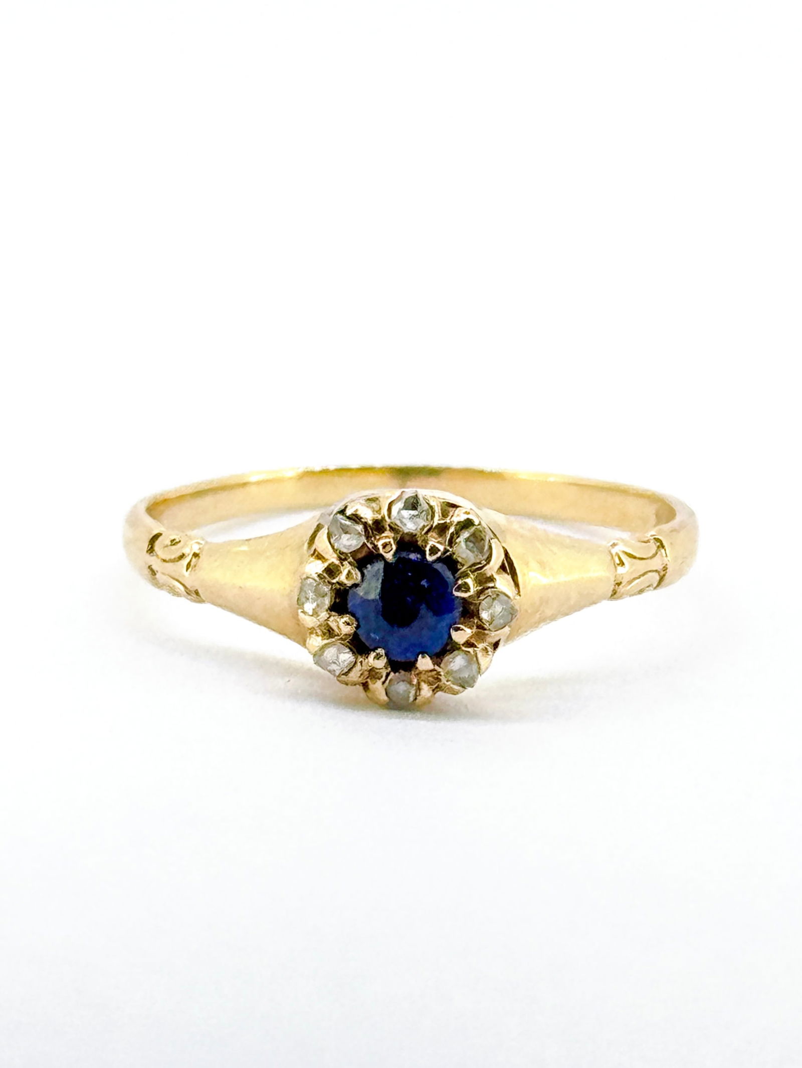 Antique 14k Yellow Gold Blue Sapphire and Halo Diamond Ring (1 of 4)