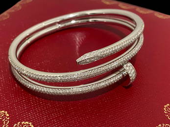 Cartier 18K White Gold Fully Diamond-Paved Double Juste Un Clou Bracelet Size 17