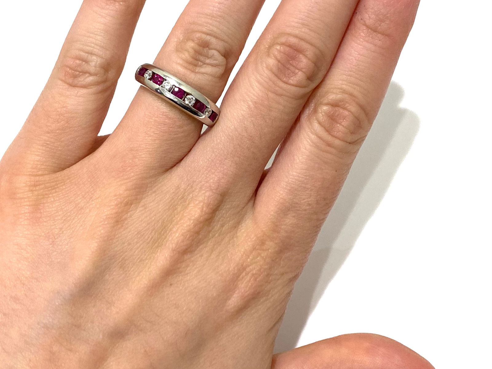 14K White Gold Ruby and Diamond Channel Band Ring, Weight: 5.2 grams. (1 of 5)