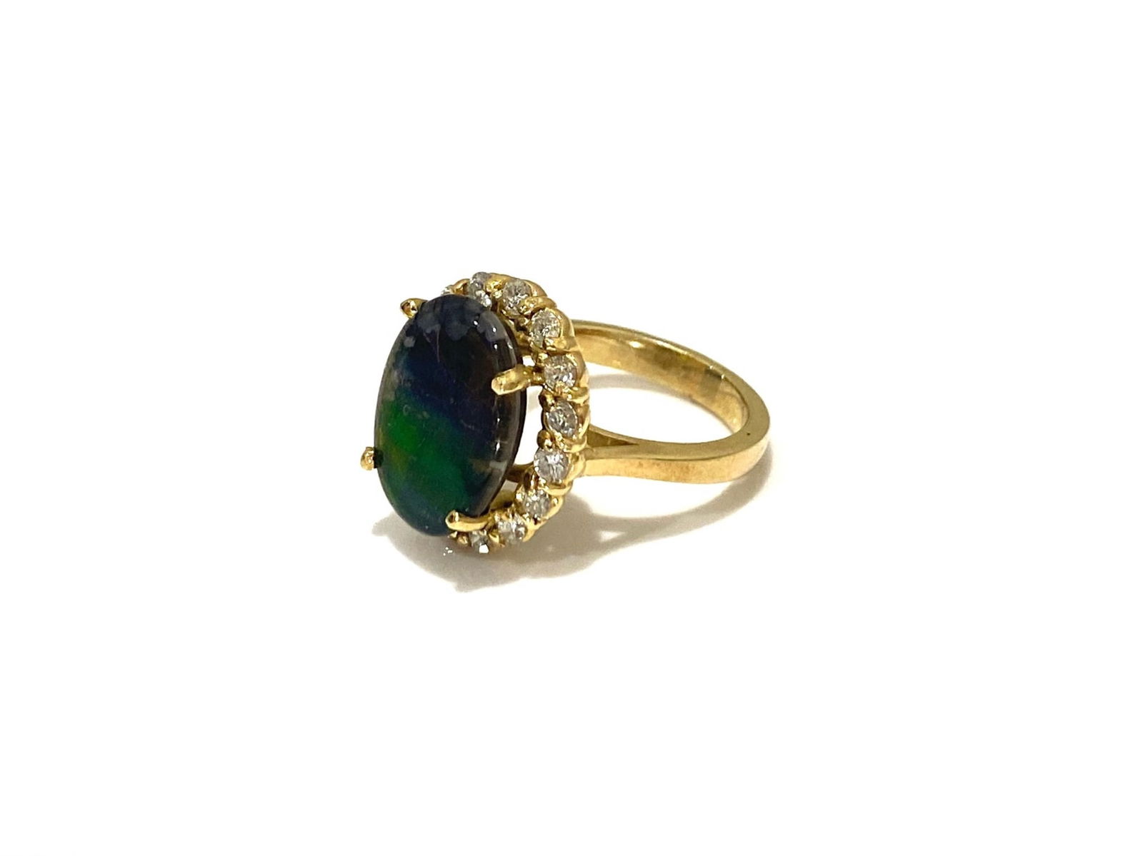 14k Yellow Gold Oval Ammolite and Diamond Ring, Weight: 7.3 grams. (1 of 7)