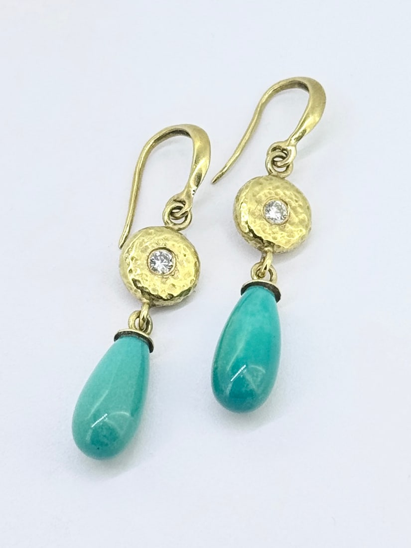 18k Yellow Gold Cabochon Turquoise & Diamond Drop Earrings. (1 of 3)