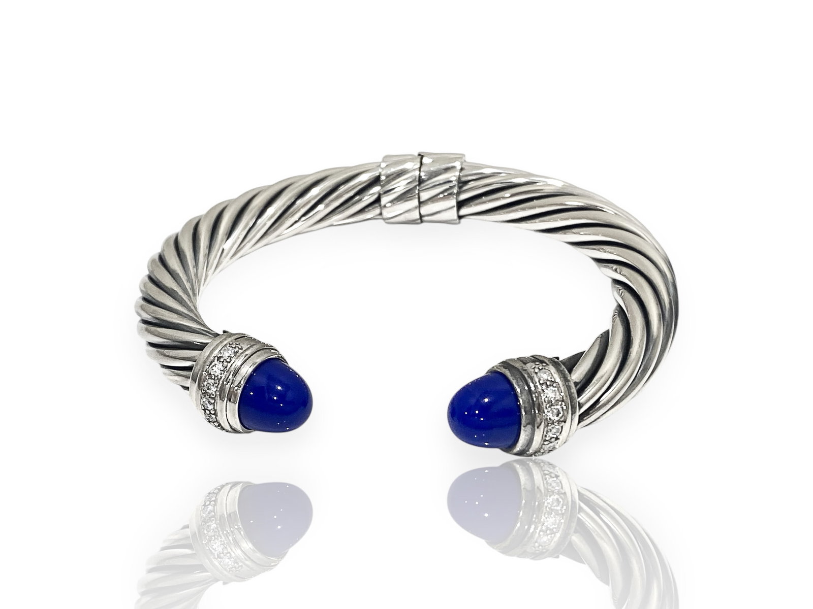 David Yurman Classic Cable Bracelet in Sterling Silver with Lapis Lazuli & Diamonds 10mm, Large (1 of 4)