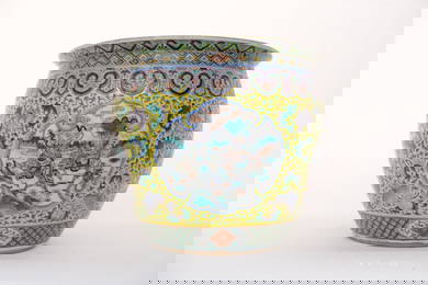 A large Chinese famille jaune porcelain fish bowl