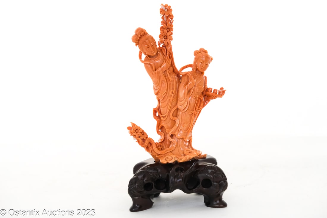 A fine Chinese carved red coral group of two ladies (1 of 5)