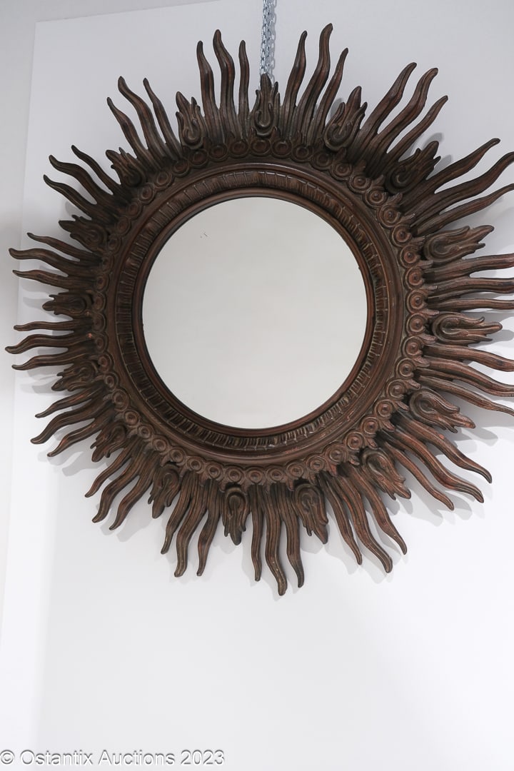 A very large and decorative carved wooden sun mirror (1 of 8)