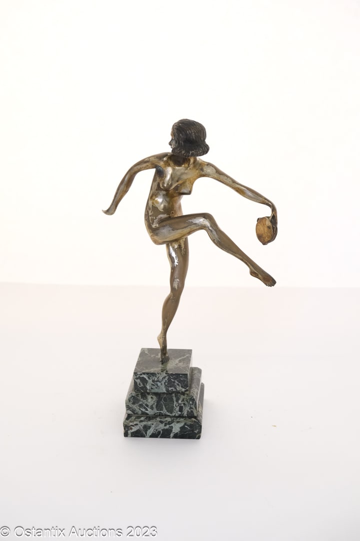 A Bronze Art Deco Tambourine Dancer: A Bronze Art Deco Tambourine Dancer on a marble base (H8,5cm)- After Pierre Laurel 1920's - H: 41cm