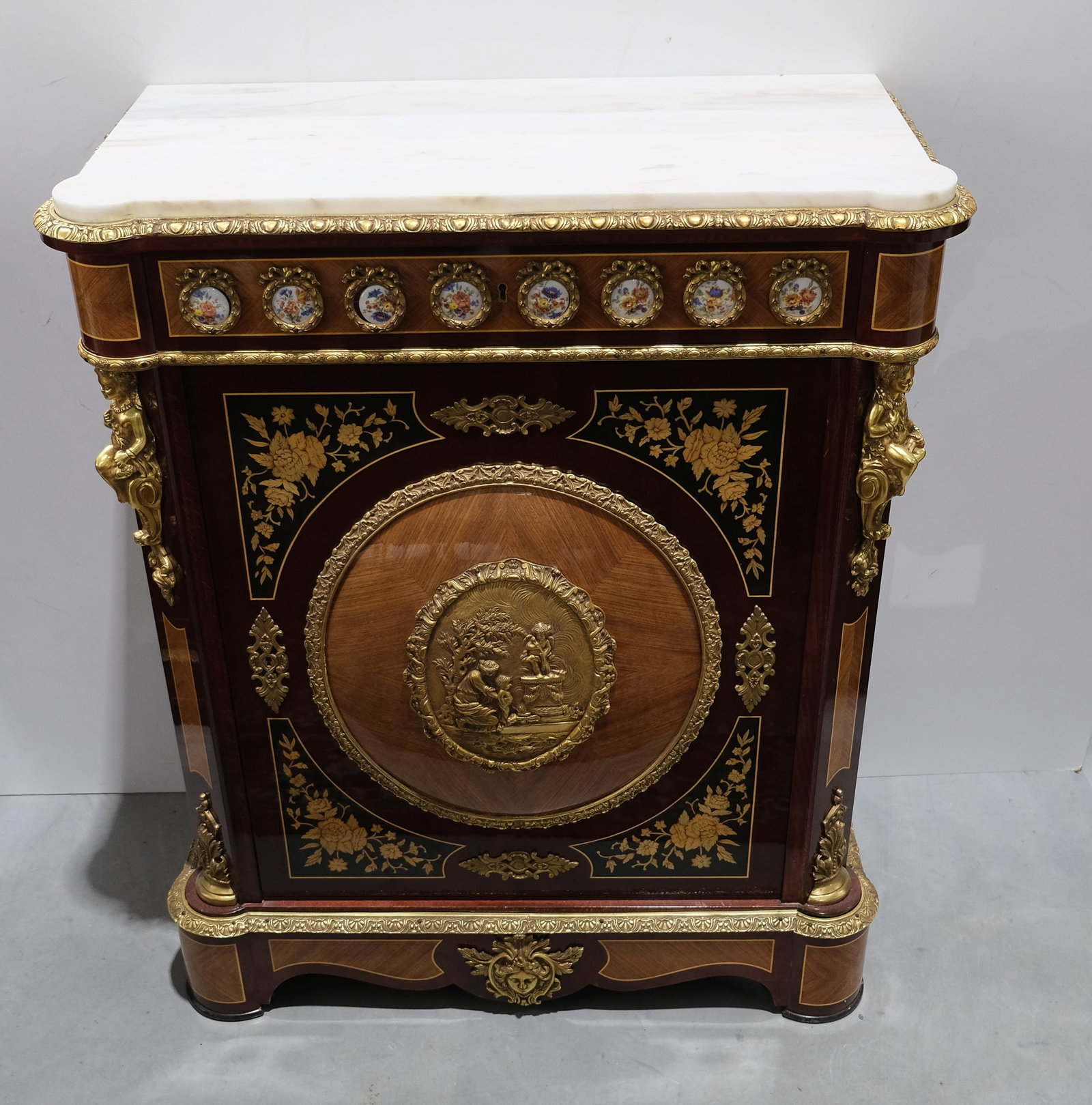 Neoclassical cabinet: Neoclassical cabinet Louis XIV style. Mahogany & rosewood. Bronze mounts & porcelain plaques. 20th. Century H103 cm W85cm
