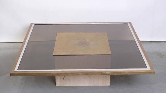 A vintage art coffee table by Roger Vanhevel 1970-1980's: A vintage art coffee table by Roger Vanhevel. Travertin, fumed glass and chromed brass. Signed by the artist, Belgium, 1970-1980's. Width: 108.5 cm Length: 108.5 cm Height: 32 cm