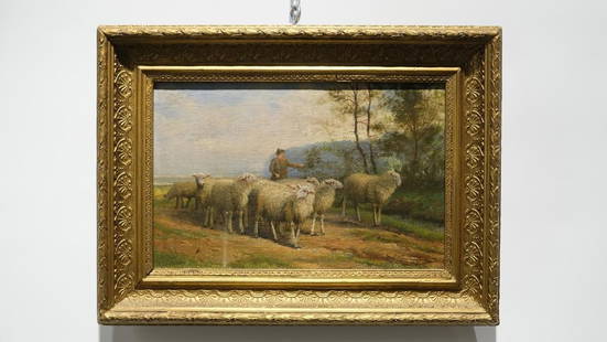 A Belgian oil on canvas painting by Jef Van Leemputten (1865-1948): A Belgian oil on canvas painting by Jef Van Leemputten (1865-1948) of a shepherd and his sheep. Gilded frame mounted and signed by the artist.  Length: 36 cm Height: 24 cm (excl. frame)